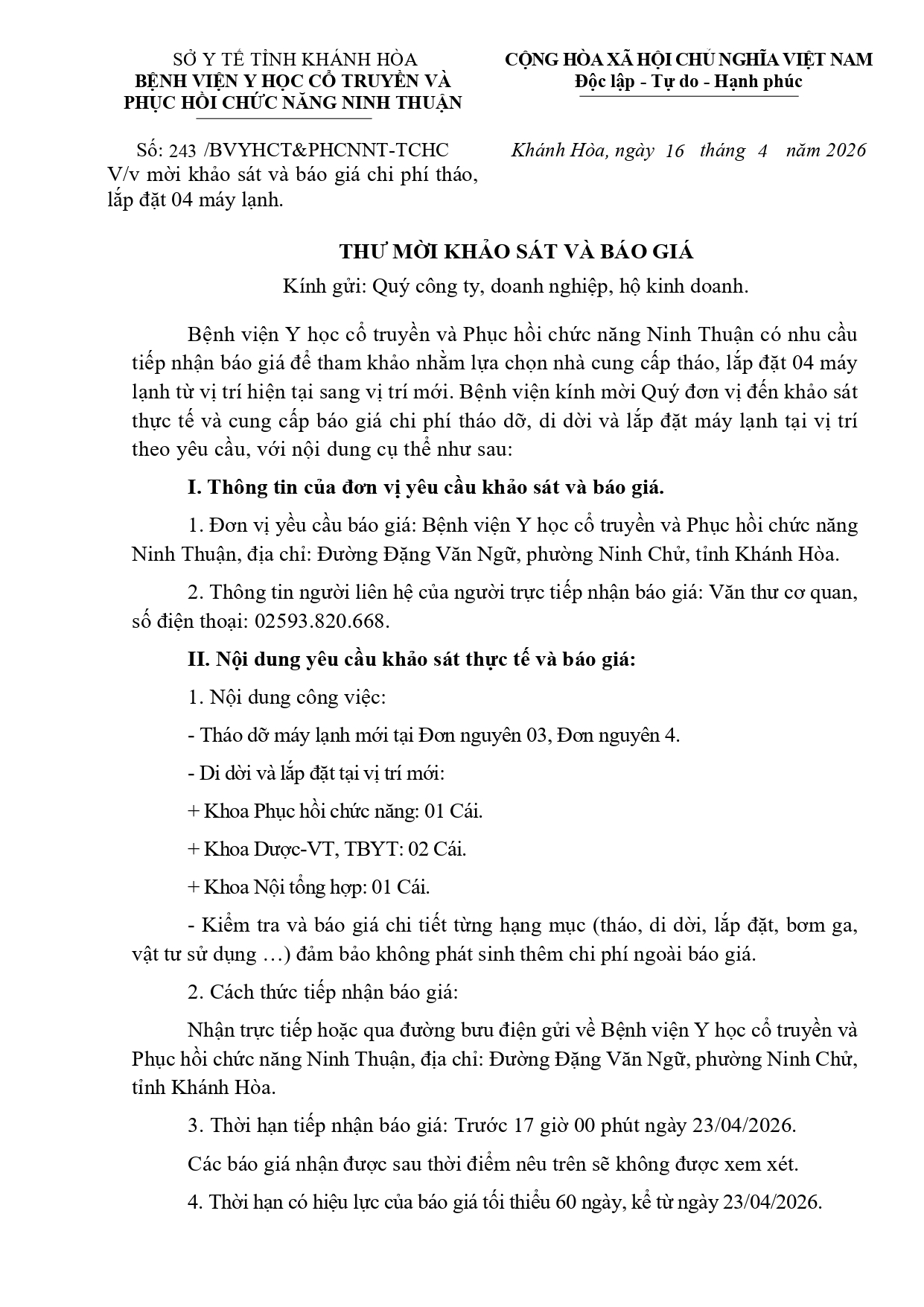 V/v mời khảo sát và báo giá chi phí tháo, lắp đặt 04 máy lạnh.
